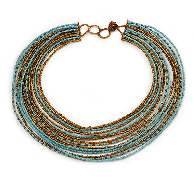 Multistrand Wired Glass Bead Necklace (Light Blue, Bronze) - 60cm L/ 3cm Ext - main view
