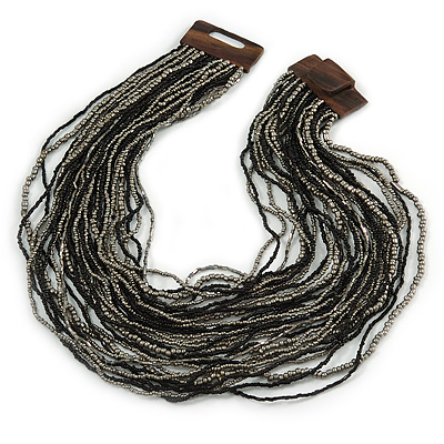 Black, Hematite Glass Bead Multistrand, Layered Necklace With Wooden Square Closure - 64cm L - main view
