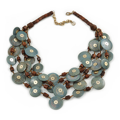 Ethnic Multistrand Wood Dusty Blue Coin Necklace - 50cm L/ 8cm Ext - main view
