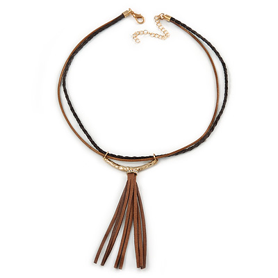 Tribal Brown/ Black Leather Style Necklace with Suede Tassel - 42cm L/ 7cm Ext/ 10cm Tassel - main view