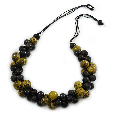 Black/ Olive Cluster Wood Bead Black Cotton Cord Necklace - 80cm L - main view