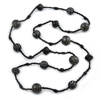 Long Wood, Resin, Glass, Ceramic Bead Necklace (Black/ Dark Grey) - 140cm Length - main view