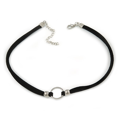 Black Faux Double Suede Cord Choker Necklace with Silver Tone Ring Pendant - 32cm L/ 6cm Ext - main view