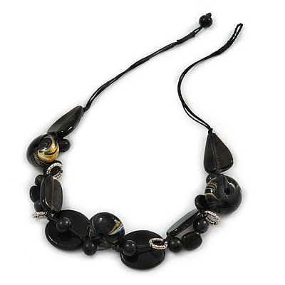 Black, Gold Wood and Glass Bead Cotton Cord Necklace - 60cm L - main view