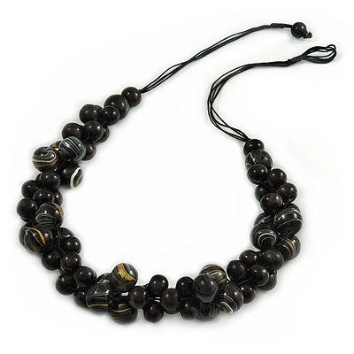 Black/ Gold Cluster Wood Bead Black Cotton Cord Necklace - 80cm L - main view
