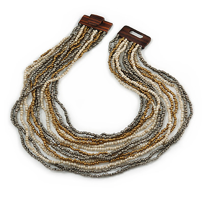 Antique White/ Metallic Grey/ Bronze Gold Glass Bead Multistrand, Layered Necklace With Wooden Square Closure - 56cm L - main view