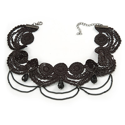 Chic Victorian/ Gothic/ Burlesque Black Sequin, Bead Lace Chain Choker Necklace In Black Tone - 29cm L/ 6cm Ext - main view
