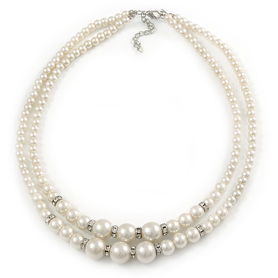 Two Row White Simulated Glass Pearl Beads with Crystal Rings Necklace - 50cm L/ 3cm Ext - main view