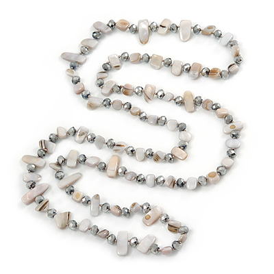 Long Off White Shell Nugget and Clear Glass Crystal Bead Necklace - 110cm L - main view