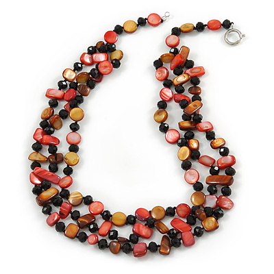 3 Strand Brick Red/ Brown Shell Nugget and Black Crystal Bead Necklace with Silver Tone Spring Ring Closure - 66cm L