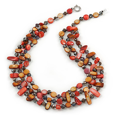 3 Strand Brick Red/ Mustard Brown Shell Nugget and Crystal Bead Necklace with Silver Tone Spring Ring Closure - 66cm L - main view