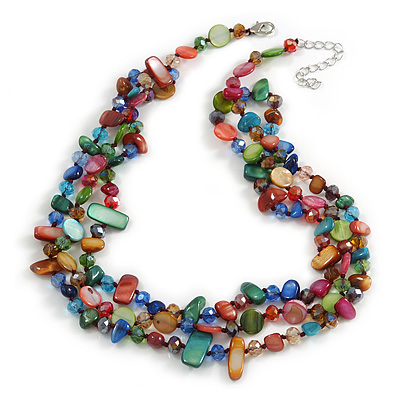3 Strand Multicoloured Shell Nugget and Crystal Bead Necklace with Silver Tone Closure - 52cm L/ 5cm Ext - main view