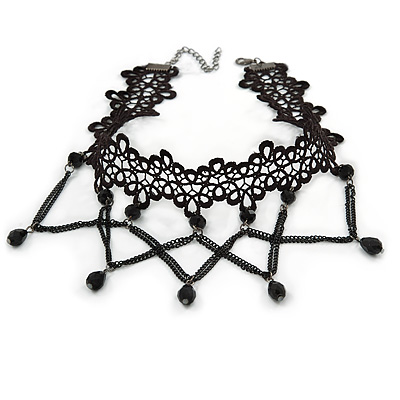 Black Lace Chain with Crystal Bead Victorian/ Gothic/ Burlesque Choker Necklace - 33cm L/ 7cm Ext - main view