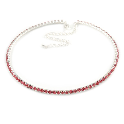 Thin Pink Top Grade Austrian Crystal Choker Necklace In Rhodium Plated Metal - 36cm L/ 10cm Ext - main view