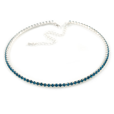 Thin Teal Blue Top Grade Austrian Crystal Choker Necklace In Rhodium Plated Metal - 36cm L/ 10cm Ext