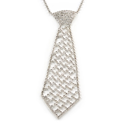 Star Quality Clear Austrian Crystal Tie Necklace In Silver Tone Metal - 37cm L/ 17cm Ext /15cm Tie - main view