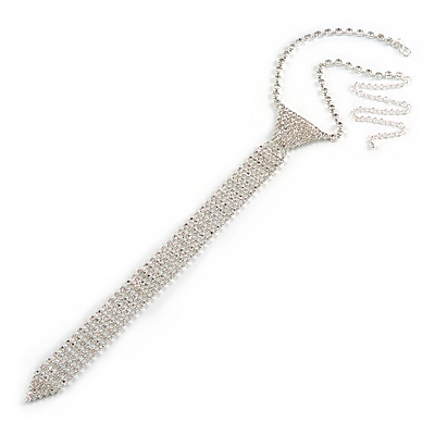 Long Thin Austrian Crystal Tie Necklace In Silver Tone Metal - 28cm L/ 18cm Ext/ 24cm Tie