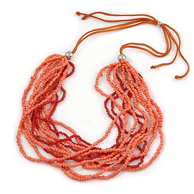 Salmon Pink/ Coral Glass Bead Multistrand Orange Suede Cord Necklace - Adjustable - 74cm L - main view