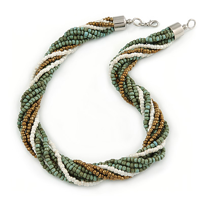 Chunky Multistrand Glass Bead Twisted Necklace with Silver Tone Closure (Dusty Blue, Bronze, White) - 48cm L - main view