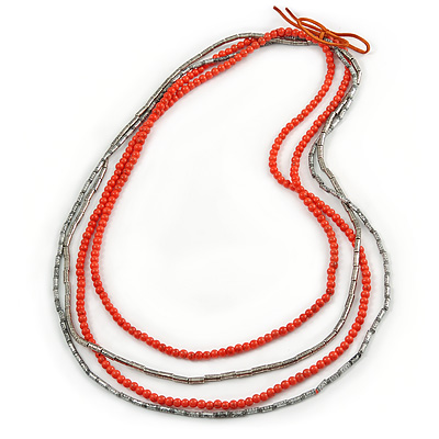 4 Strand Multilayered Salmon/ Coral Ceramic and Silver Tone Acrylic Bead Necklace - 90cm L - main view