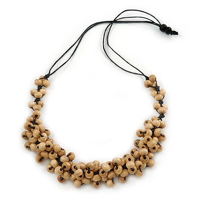 Natural Wood Bead Cluster Black Cotton Cord Necklace - 64cm L - main view