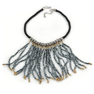 Contemporary Silver, Bronze Acrylic Bead Fringe Black Cotton Cord Necklace - 43cm L/ 5cm Ext/ 14cm Fringe - main view