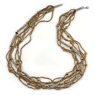 Multistrand Bronze/ Silver Glass Bead Necklace - 90cm L