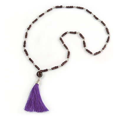 Long Plum Glass Bead Necklace with Purple Silk Tassel - 82cm L/ 12cm Tassel - main view