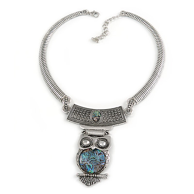 Ethnic Hammered Owl Pendant Necklace In Silver Tone Metal - 40cm L/ 6cm Ext - main view