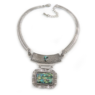 Ethnic Hammered Square Pendant Necklace In Silver Tone Metal - 40cm L/ 6cm Ext - main view