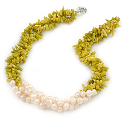 Statement 3 Strand Twisted Lime Green Coral and Cream Freshwater Pearl Necklace with Silver Tone Spring Ring Clasp - 44cm L