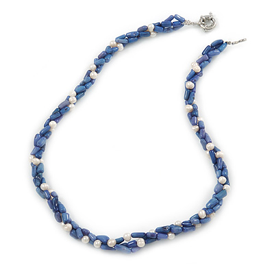 3 Strand Intertwine Dye Blue Coral, White Freshwater Pearl Necklace With Silver Tone Spring Ring Closure - 47cm L - main view