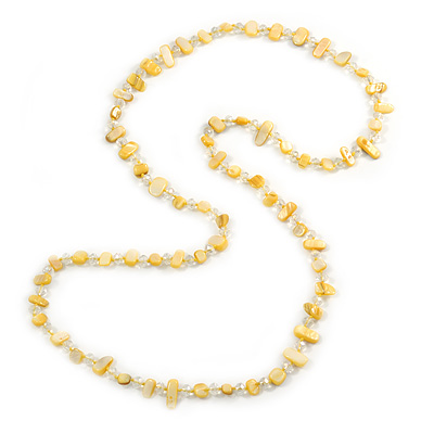 Long Lemon Yellow/ Transparent Shell Nugget and Glass Crystal Bead Necklace - 110cm L - main view