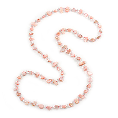 Long Pastel Pale Pink/ Transparent Shell Nugget and Glass Crystal Bead Necklace - 110cm L - main view