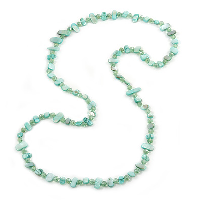 Long Pastel Mint Green/ Transparent Shell Nugget and Glass Crystal Bead Necklace - 110cm L - main view