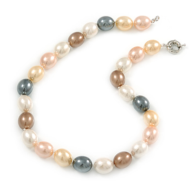 15mm Simulated Pastel Oval Glass Pearl Bead Necklace with Silver Tone Spring Ring Closure - 42cm L