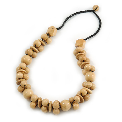 Chunky Natural Wood Bead Necklace with Black Cotton Cord - 76cm L - main view