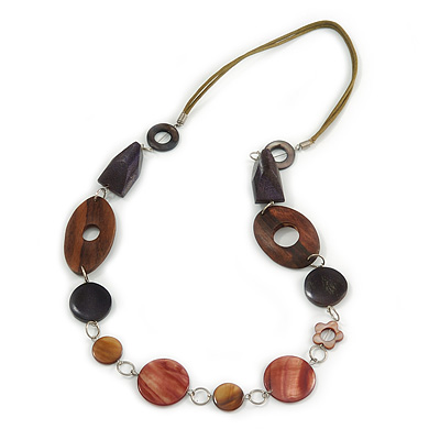 Brown Wood and Shell Bead with Olive Cotton Cord Necklace - 74cm Long - main view