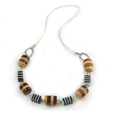 Wood and Resin Bead 'Candy' Necklace with Metallic Silver Cord (Black/ White/ Brown) - 80cm L - main view