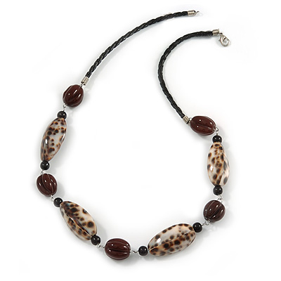 Animal Print Shell Componets and Brown/Black Ceramic Beads with Black Faux Leather Cord - 64cm L - main view