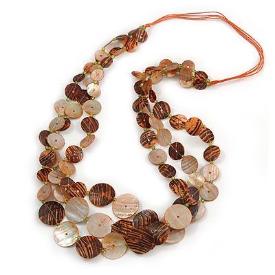 Long Multistrand Orange/ Brown Shell Necklace with Orange Cotton Cords - 84cm L - main view