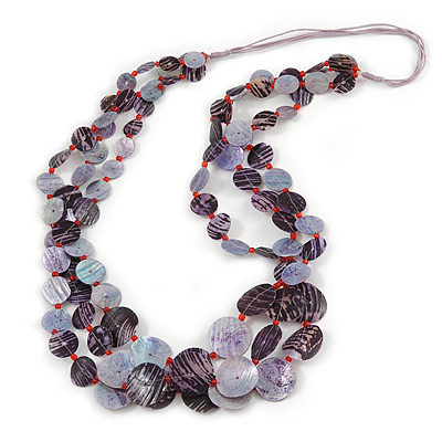 Long Multistrand Purple Shell Necklace with Lavender Cotton Cords - 86cm L