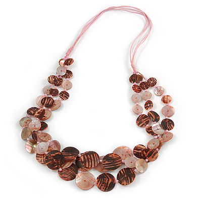 Long Multistrand Pink/ Brown  Shell Necklace with Light Pink Cotton Cords - 70cm L - main view