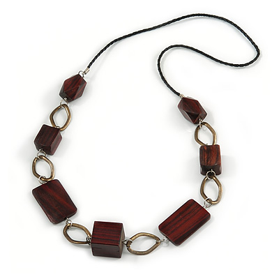 Long Mahogany Brown Square Wood Bead with Bronze Link Black Faux Leather Cord Necklace - 88 - main view