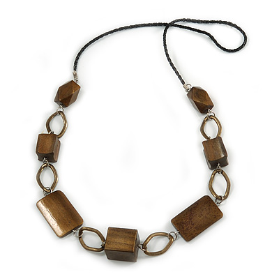 Bronze Brown Wood Bead with Oval Brass Link Black Faux Leather Cord Long Necklace - 90cm L - main view