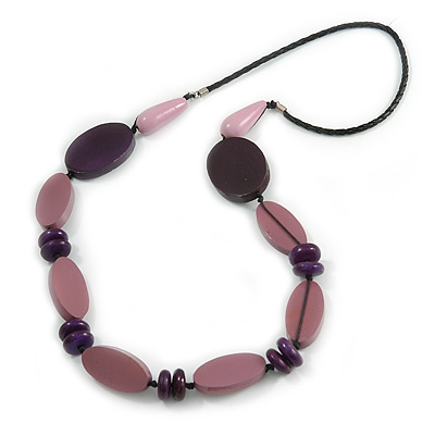 Long Purple Wood Bead with Black Faux Leather Cord Necklace - 88cm L - main view