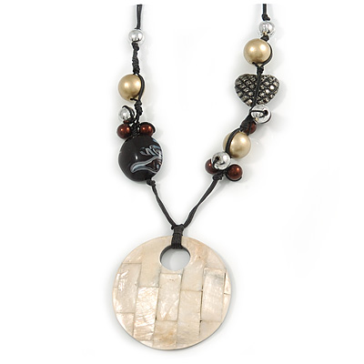 Large Mother Of Pearl Shell Round Pendant with Beaded Cotton Cords - 64cm Long/ 7cm Diameter Pendant