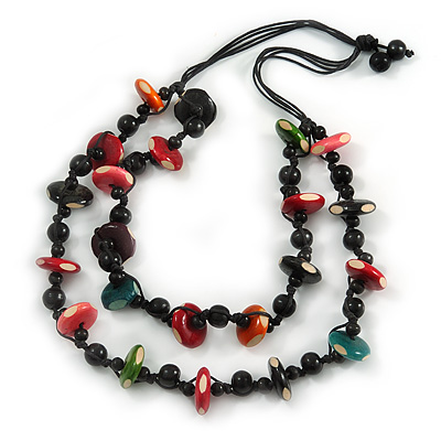 Long Chunky 2 Strand Multicoloured Wood Bead Black Cord Necklace - 86cm L - main view