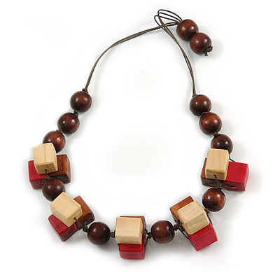 Chunky Square, Round Wood Bead Brown Cord Necklace (Red, Natural, Brown) - 70cm L - main view
