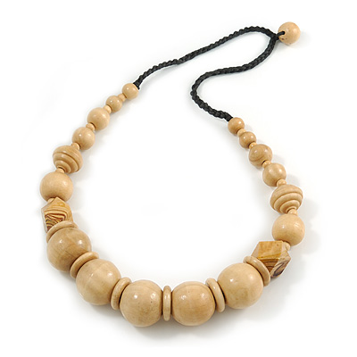 Chunky Natural Wood Bead with Black Cotton Cord Necklace - 62cm L - main view